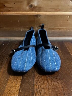 rag & bone Blue Denim Mary Jane Flats with Black Strap